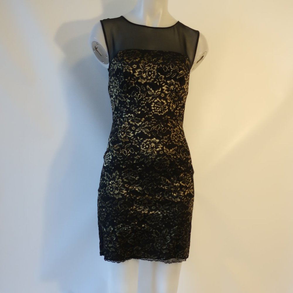 Womens Diane Von Furstenberg Black Gold Floral Lace Sleeveless Sheath Dress 4 *